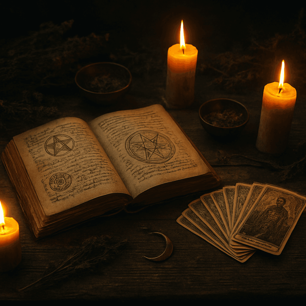 An apothecary table with tarot cards, candles, and an open grimoire